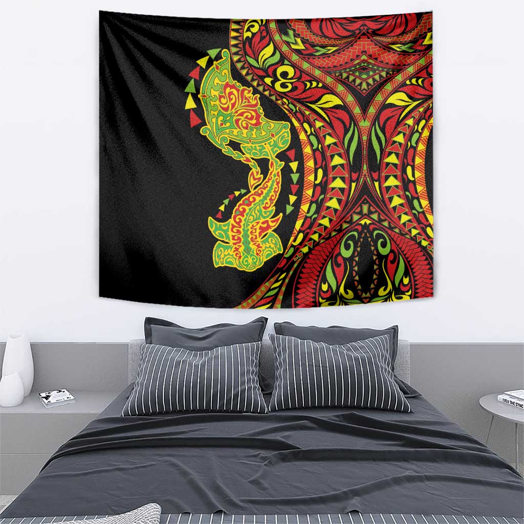 Hawaiian Manta Ray and Hammerhead Shark Tribal Tattoo Tapestry with Polynesian Tribal Pattern Kanaka Maoli Flag Color LT03 - Polynesian Pride