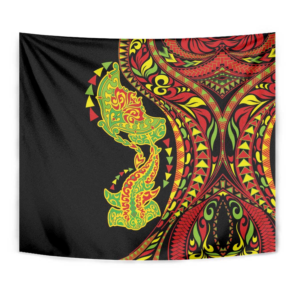 Hawaiian Manta Ray and Hammerhead Shark Tribal Tattoo Tapestry with Polynesian Tribal Pattern Kanaka Maoli Flag Color LT03 - Polynesian Pride