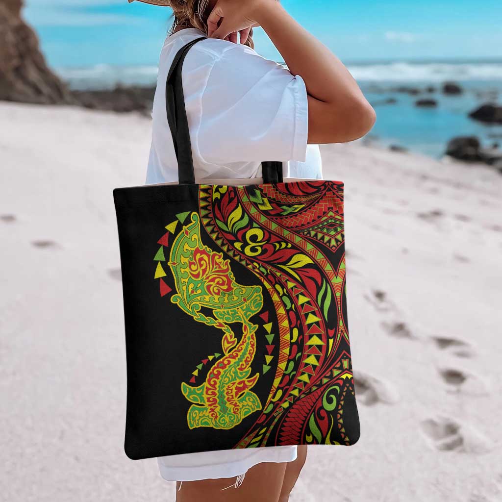 Hawaiian Manta Ray and Hammerhead Shark Tribal Tattoo Tote Bag with Polynesian Tribal Pattern Kanaka Maoli Flag Color