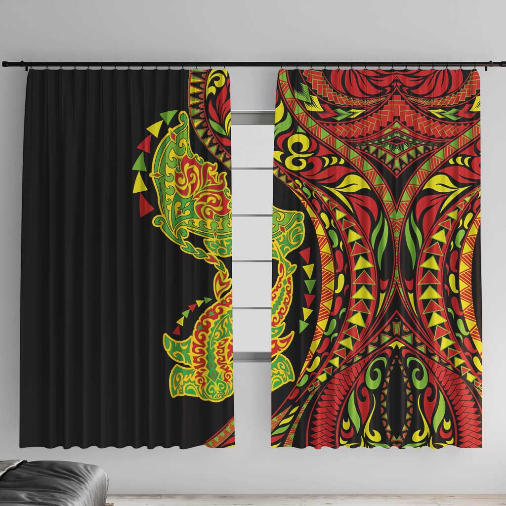 Hawaiian Manta Ray and Hammerhead Shark Tribal Tattoo Window Curtain with Polynesian Tribal Pattern Kanaka Maoli Flag Color