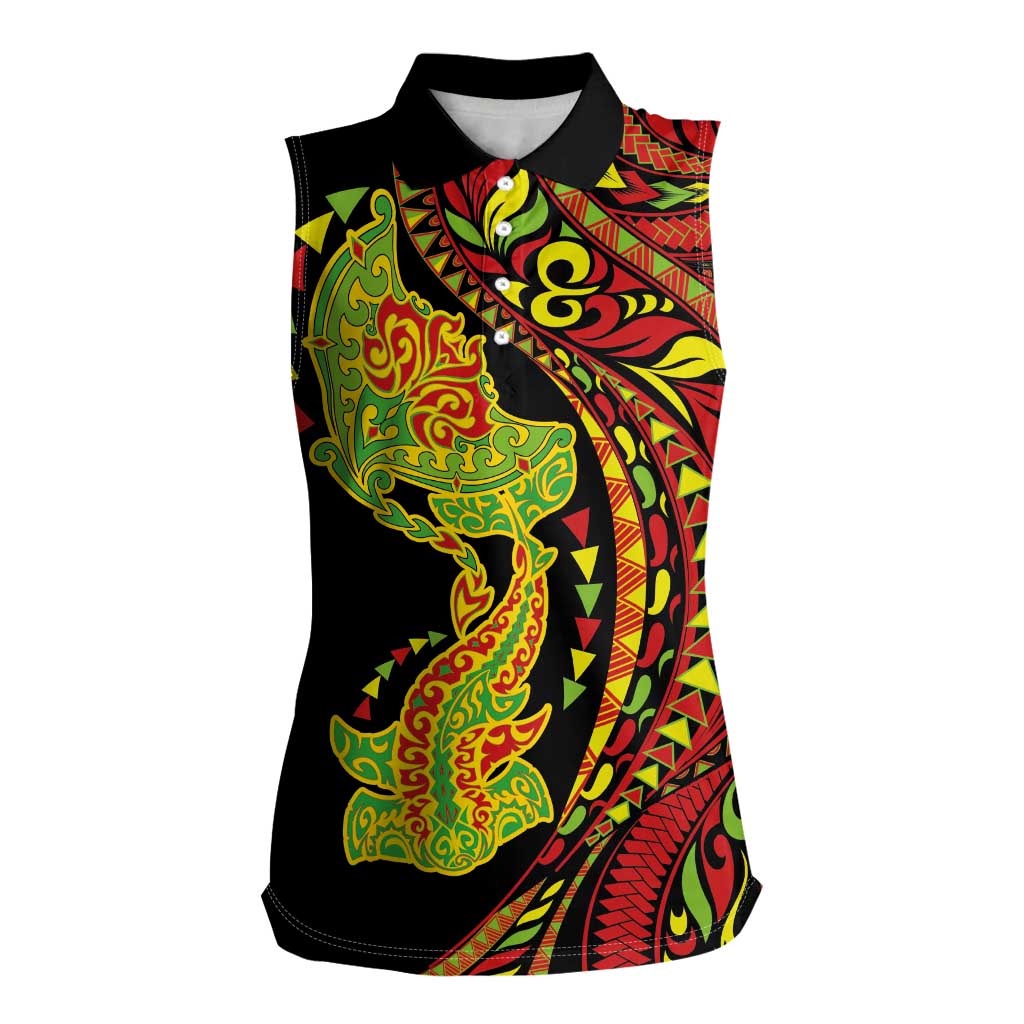 Hawaiian Manta Ray and Hammerhead Shark Tribal Tattoo Women Sleeveless Polo Shirt with Polynesian Tribal Pattern Kanaka Maoli Flag Color LT03 Female Multicolor - Polynesian Pride