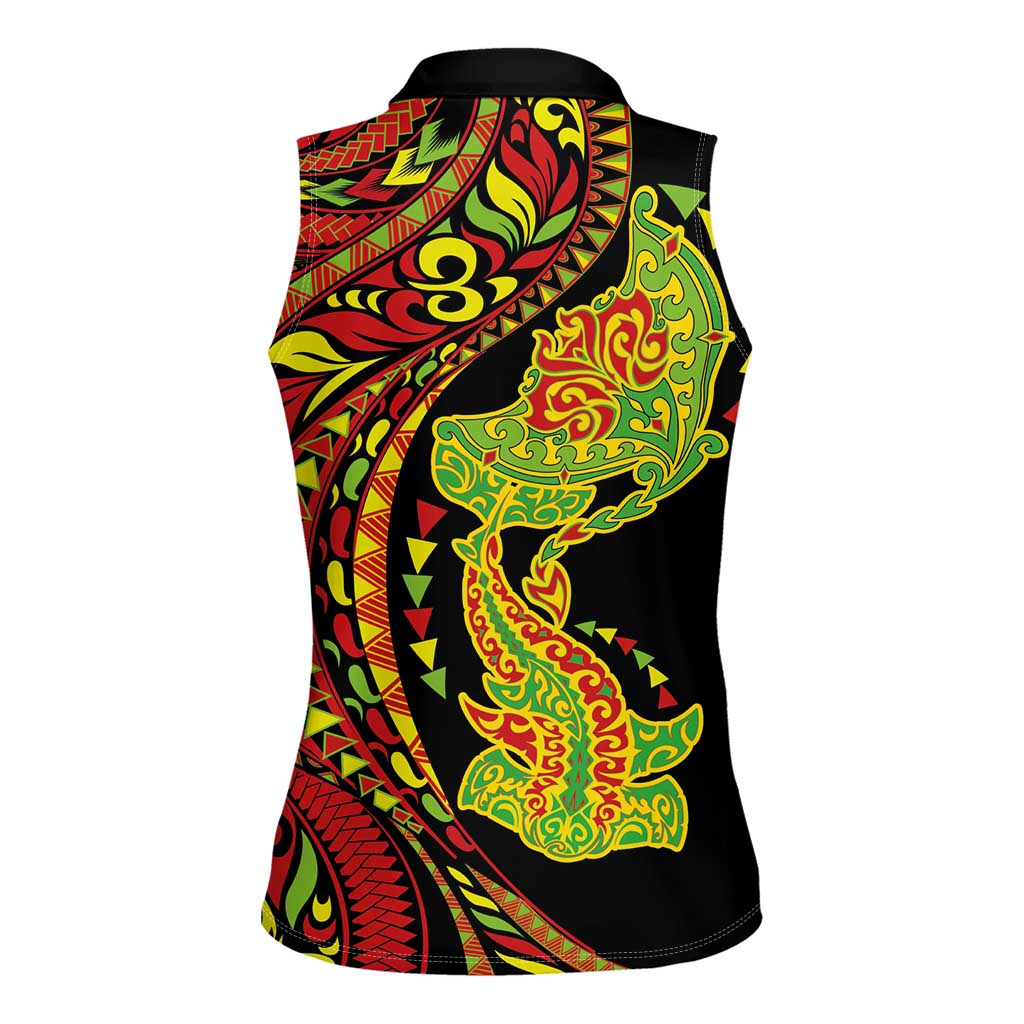 Hawaiian Manta Ray and Hammerhead Shark Tribal Tattoo Women Sleeveless Polo Shirt with Polynesian Tribal Pattern Kanaka Maoli Flag Color LT03 - Polynesian Pride