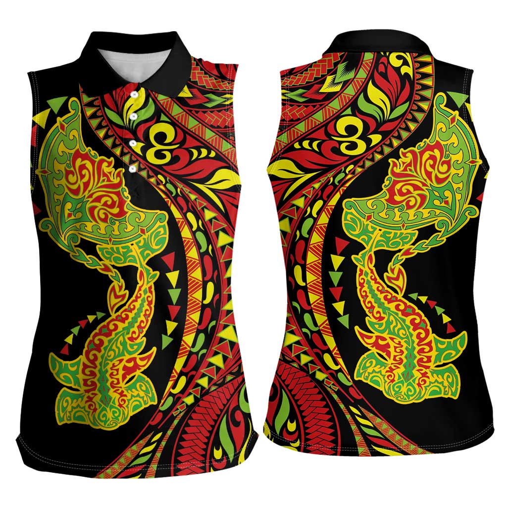 Hawaiian Manta Ray and Hammerhead Shark Tribal Tattoo Women Sleeveless Polo Shirt with Polynesian Tribal Pattern Kanaka Maoli Flag Color LT03 - Polynesian Pride
