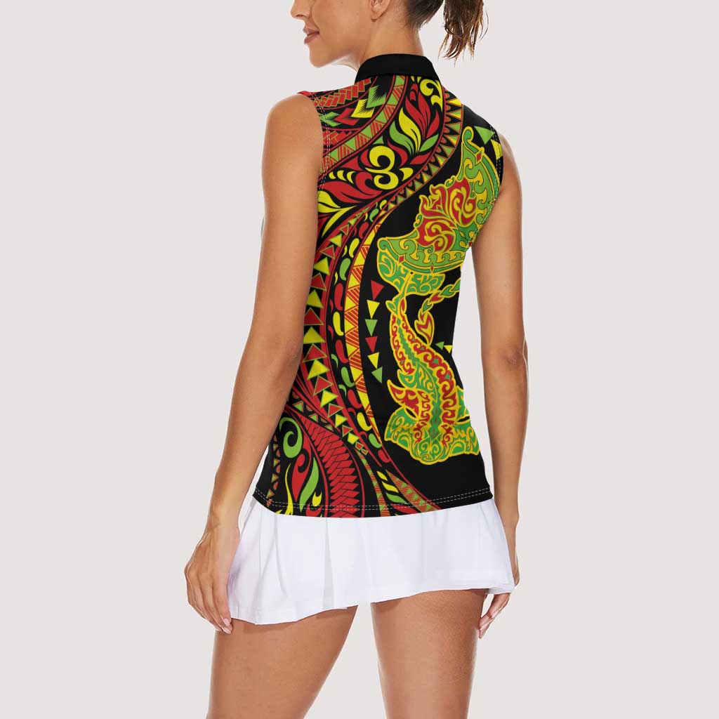 Hawaiian Manta Ray and Hammerhead Shark Tribal Tattoo Women Sleeveless Polo Shirt with Polynesian Tribal Pattern Kanaka Maoli Flag Color LT03 - Polynesian Pride