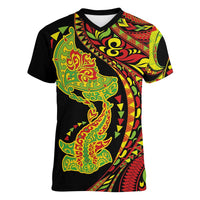 Hawaiian Manta Ray and Hammerhead Shark Tribal Tattoo Women V-Neck T-Shirt with Polynesian Tribal Pattern Kanaka Maoli Flag Color LT03 Female Multicolor - Polynesian Pride