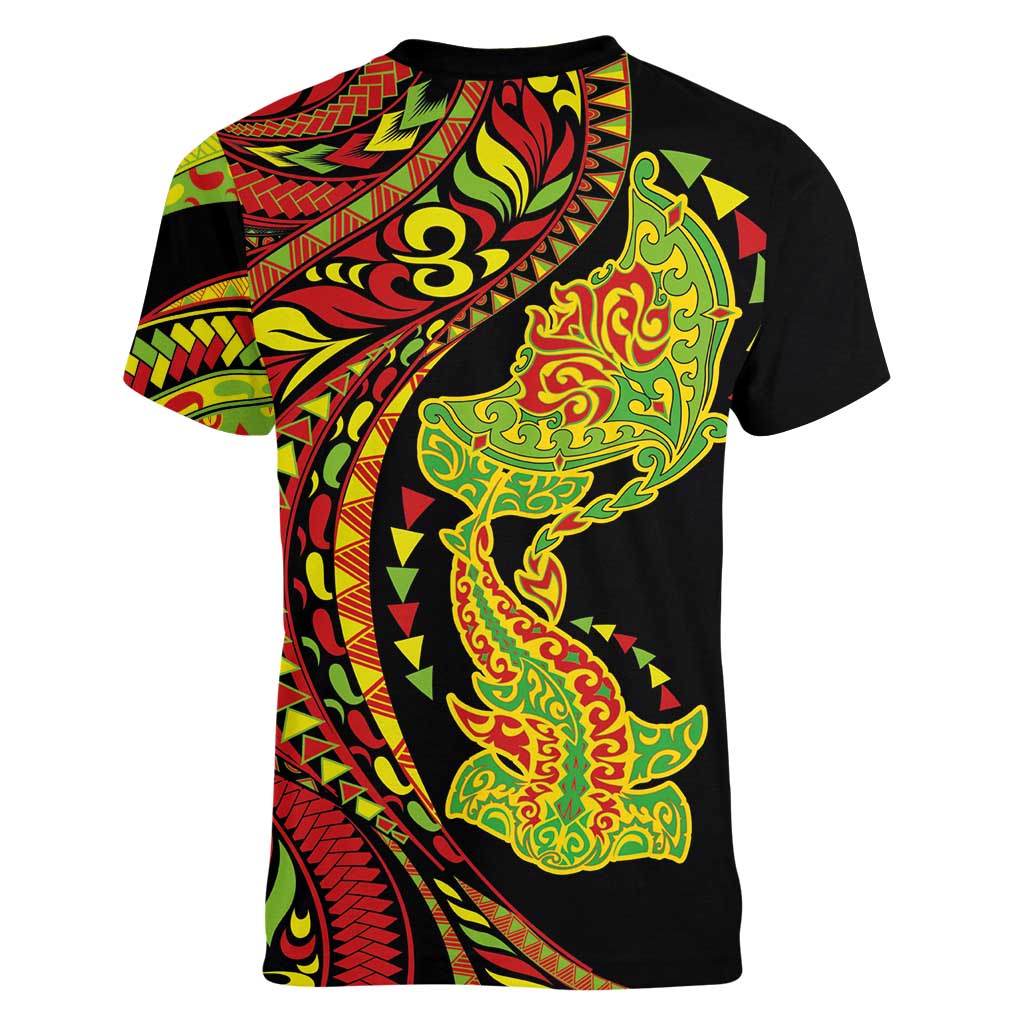 Hawaiian Manta Ray and Hammerhead Shark Tribal Tattoo Women V-Neck T-Shirt with Polynesian Tribal Pattern Kanaka Maoli Flag Color LT03 - Polynesian Pride