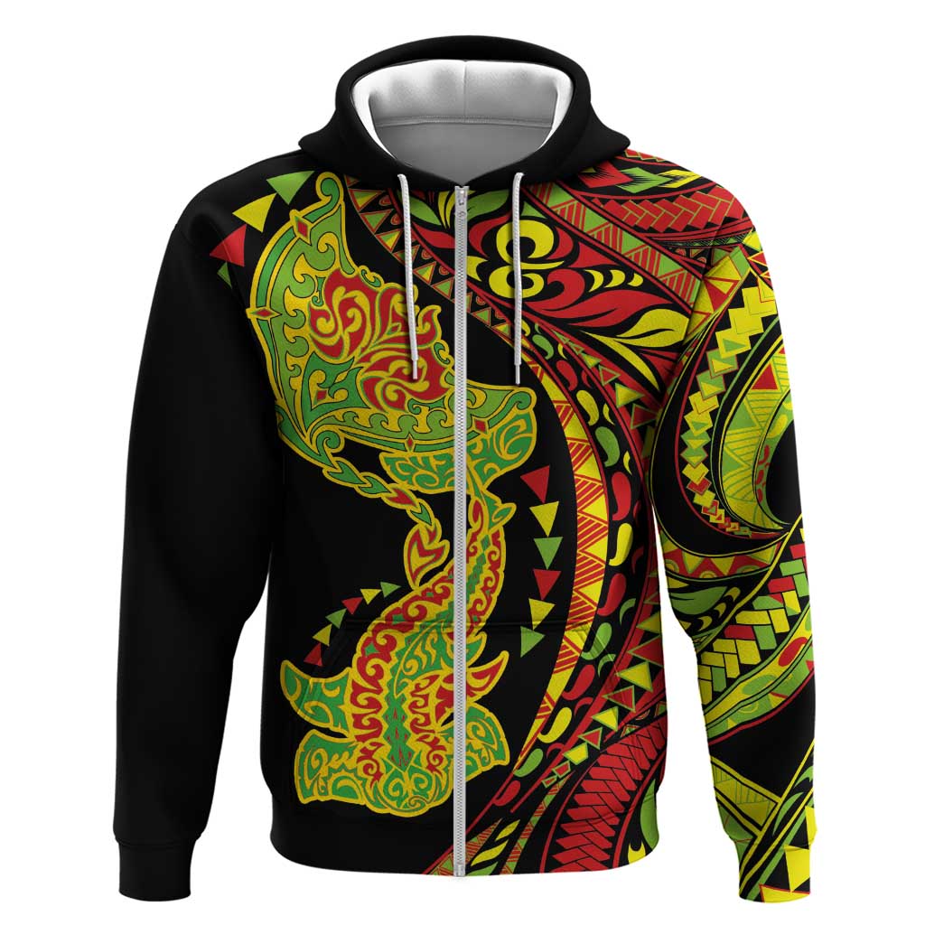 Hawaiian Manta Ray and Hammerhead Shark Tribal Tattoo Zip Hoodie with Polynesian Tribal Pattern Kanaka Maoli Flag Color