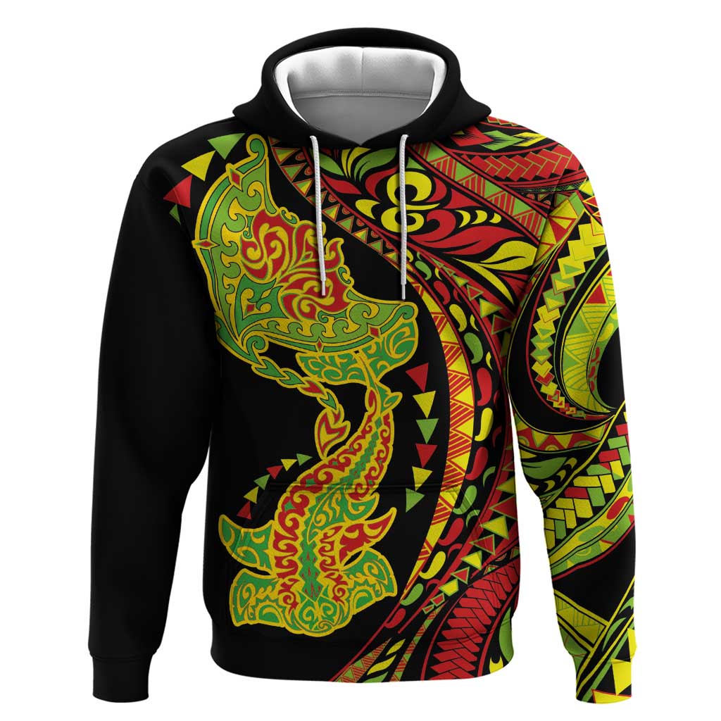 Hawaiian Manta Ray and Hammerhead Shark Tribal Tattoo Zip Hoodie with Polynesian Tribal Pattern Kanaka Maoli Flag Color