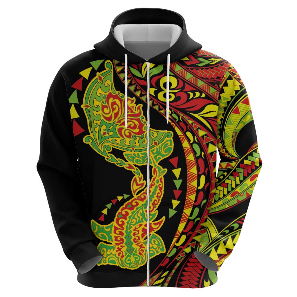 Hawaiian Manta Ray and Hammerhead Shark Tribal Tattoo Zip Hoodie with Polynesian Tribal Pattern Kanaka Maoli Flag Color