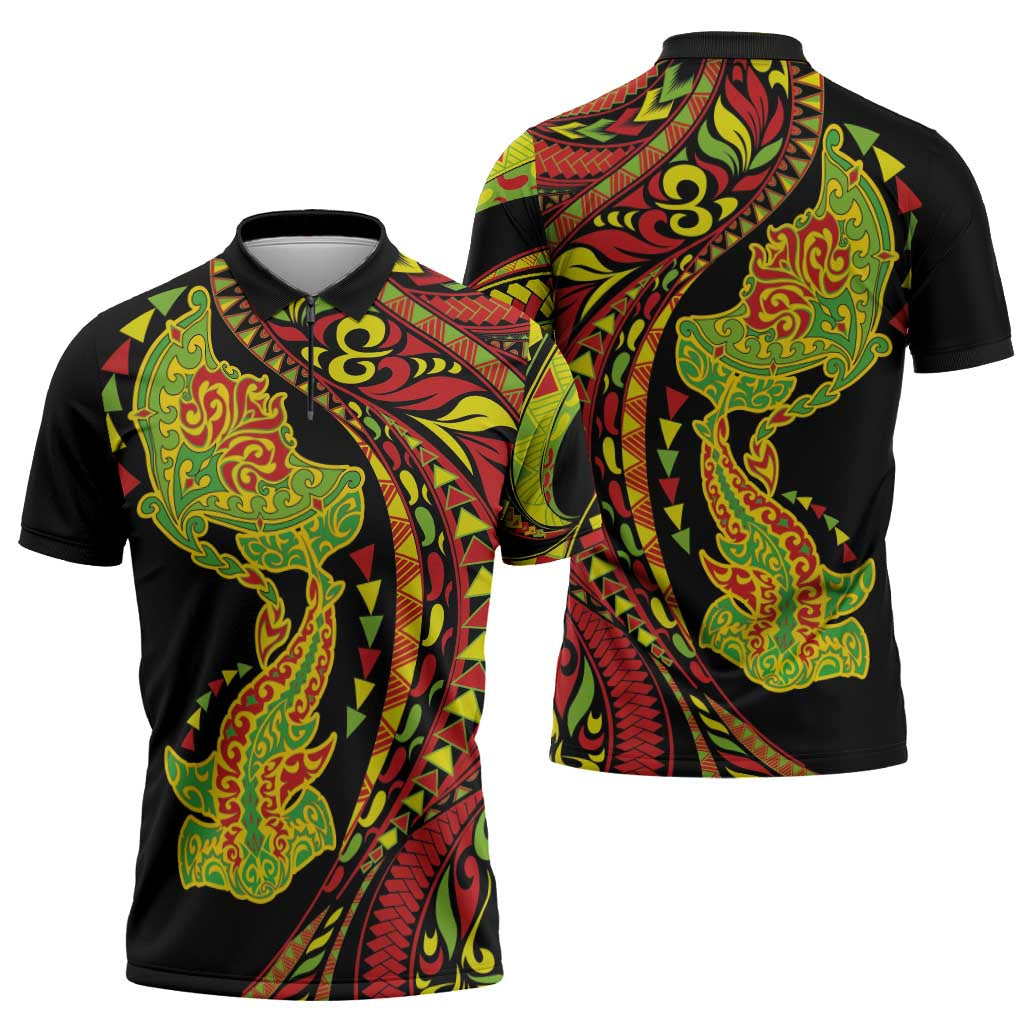 Hawaiian Manta Ray and Hammerhead Shark Tribal Tattoo Zipper Polo Shirt with Polynesian Tribal Pattern Kanaka Maoli Flag Color
