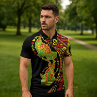 Hawaiian Manta Ray and Hammerhead Shark Tribal Tattoo Zipper Polo Shirt with Polynesian Tribal Pattern Kanaka Maoli Flag Color