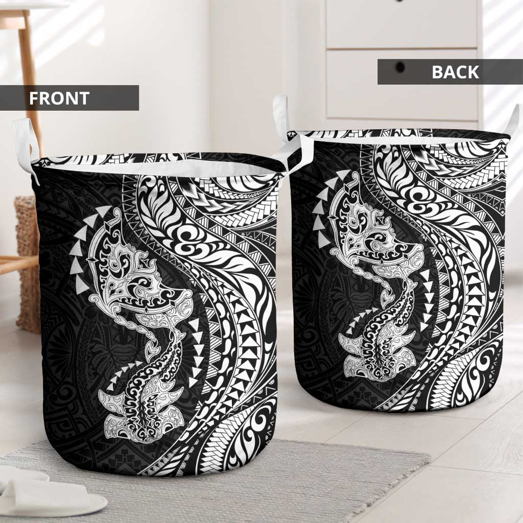 Hawaiian Manta Ray and Hammerhead Shark Tribal Tattoo Laundry Basket with Polynesian Tribal Pattern Black-White Color