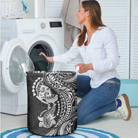 Hawaiian Manta Ray and Hammerhead Shark Tribal Tattoo Laundry Basket with Polynesian Tribal Pattern Black-White Color