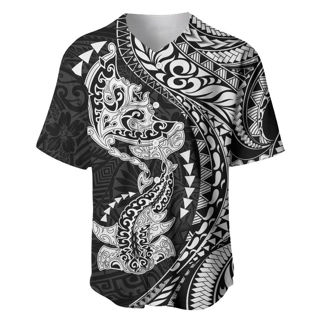Hawaiian Manta Ray and Hammerhead Shark Tribal Tattoo Baseball Jersey with Polynesian Tribal Pattern Black-White Color LT03 Multicolor - Polynesian Pride
