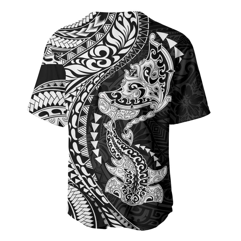 Hawaiian Manta Ray and Hammerhead Shark Tribal Tattoo Baseball Jersey with Polynesian Tribal Pattern Black-White Color LT03 - Polynesian Pride
