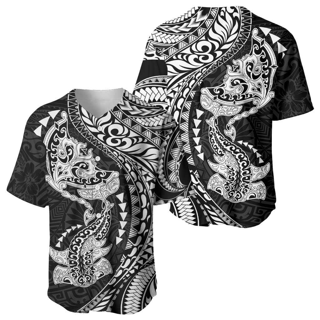 Hawaiian Manta Ray and Hammerhead Shark Tribal Tattoo Baseball Jersey with Polynesian Tribal Pattern Black-White Color LT03 - Polynesian Pride