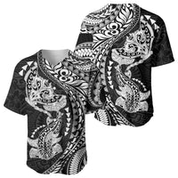 Hawaiian Manta Ray and Hammerhead Shark Tribal Tattoo Baseball Jersey with Polynesian Tribal Pattern Black-White Color LT03 - Polynesian Pride