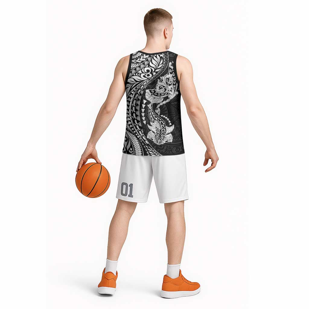 Hawaiian Manta Ray and Hammerhead Shark Tribal Tattoo Basketball Jersey with Polynesian Tribal Pattern Black-White Color LT03 - Polynesian Pride
