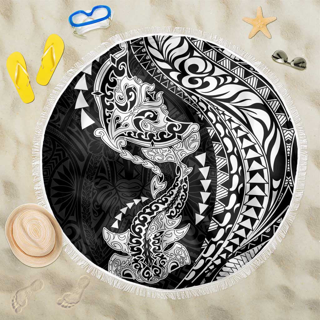 Hawaiian Manta Ray and Hammerhead Shark Tribal Tattoo Beach Blanket with Polynesian Tribal Pattern Black-White Color