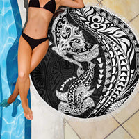 Hawaiian Manta Ray and Hammerhead Shark Tribal Tattoo Beach Blanket with Polynesian Tribal Pattern Black-White Color
