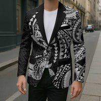 Hawaiian Manta Ray and Hammerhead Shark Tribal Tattoo Blazer with Polynesian Tribal Pattern Black-White Color