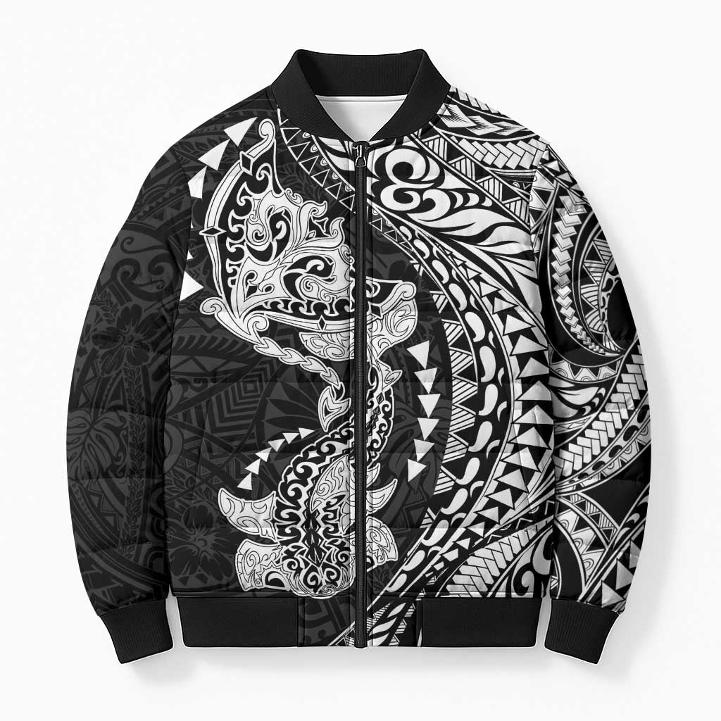Hawaiian Manta Ray and Hammerhead Shark Tribal Tattoo Bomber Puffer Jacket with Polynesian Tribal Pattern Black-White Color LT03 Unisex Multicolor - Polynesian Pride