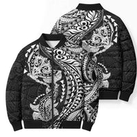 Hawaiian Manta Ray and Hammerhead Shark Tribal Tattoo Bomber Puffer Jacket with Polynesian Tribal Pattern Black-White Color