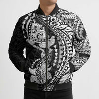 Hawaiian Manta Ray and Hammerhead Shark Tribal Tattoo Bomber Puffer Jacket with Polynesian Tribal Pattern Black-White Color