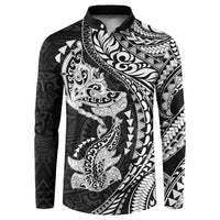 Hawaiian Manta Ray and Hammerhead Shark Tribal Tattoo Button Sweatshirt with Polynesian Tribal Pattern Black-White Color