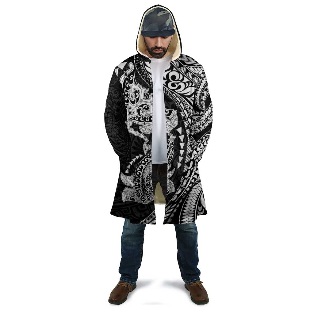 Hawaiian Manta Ray and Hammerhead Shark Tribal Tattoo Cloak with Polynesian Tribal Pattern Black-White Color