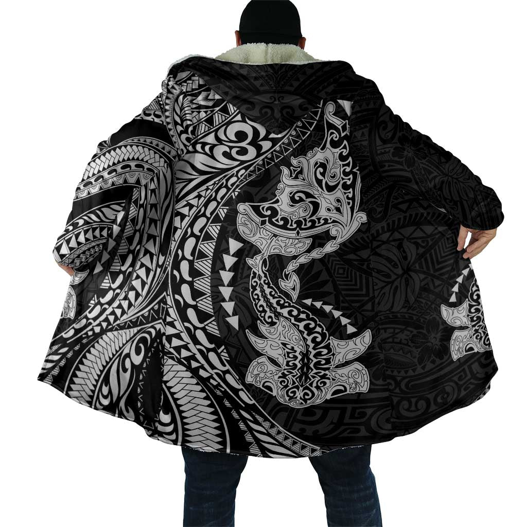 Hawaiian Manta Ray and Hammerhead Shark Tribal Tattoo Cloak with Polynesian Tribal Pattern Black-White Color