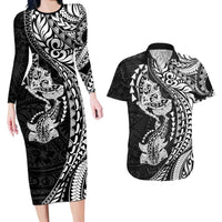 Hawaiian Manta Ray and Hammerhead Shark Tribal Tattoo Couples Matching Long Sleeve Bodycon Dress and Hawaiian Shirt with Polynesian Tribal Pattern Black-White Color LT03 Multicolor - Polynesian Pride