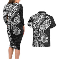 Hawaiian Manta Ray and Hammerhead Shark Tribal Tattoo Couples Matching Long Sleeve Bodycon Dress and Hawaiian Shirt with Polynesian Tribal Pattern Black-White Color LT03 - Polynesian Pride