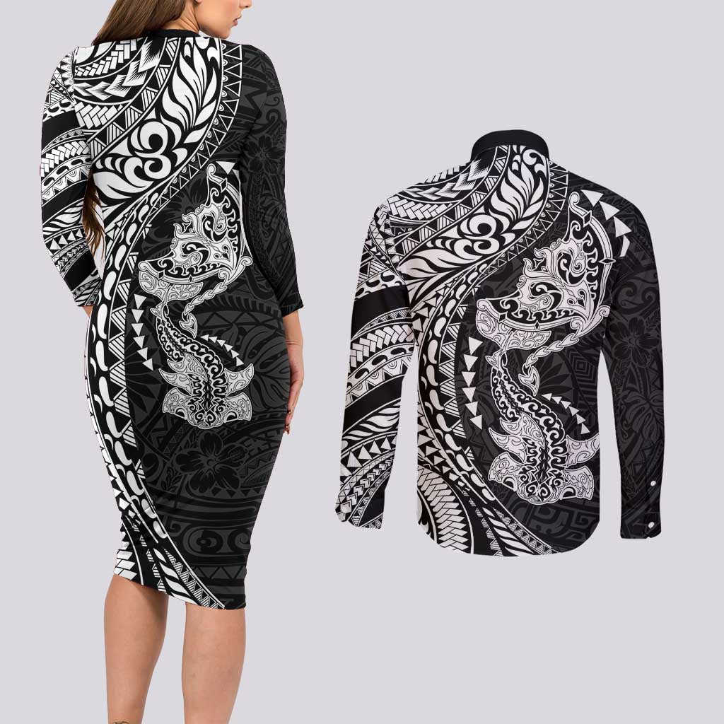 Hawaiian Manta Ray and Hammerhead Shark Tribal Tattoo Couples Matching Long Sleeve Bodycon Dress and Long Sleeve Button Shirt with Polynesian Tribal Pattern Black-White Color