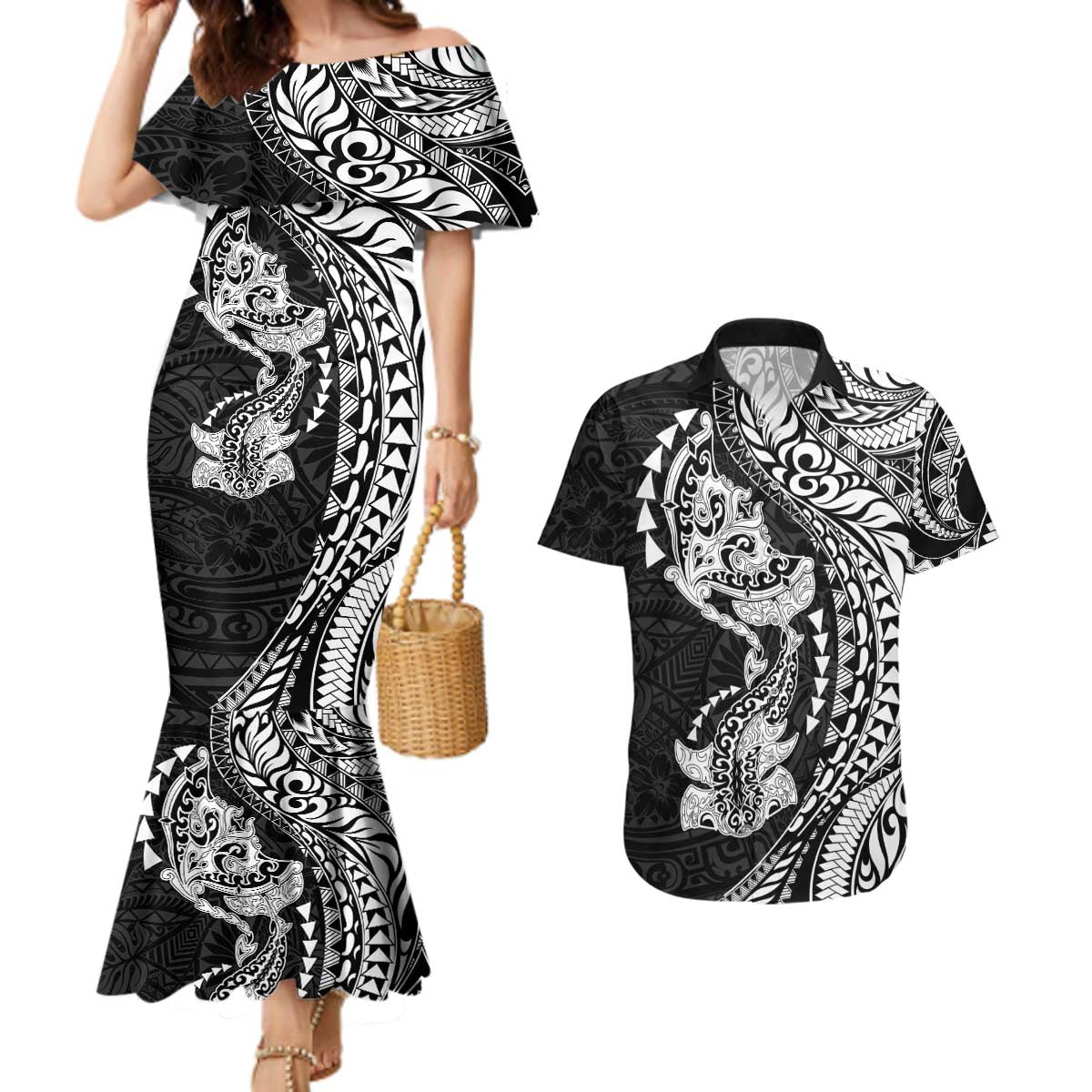 Hawaiian Manta Ray and Hammerhead Shark Tribal Tattoo Couples Matching Mermaid Dress and Hawaiian Shirt with Polynesian Tribal Pattern Black-White Color LT03 Multicolor - Polynesian Pride