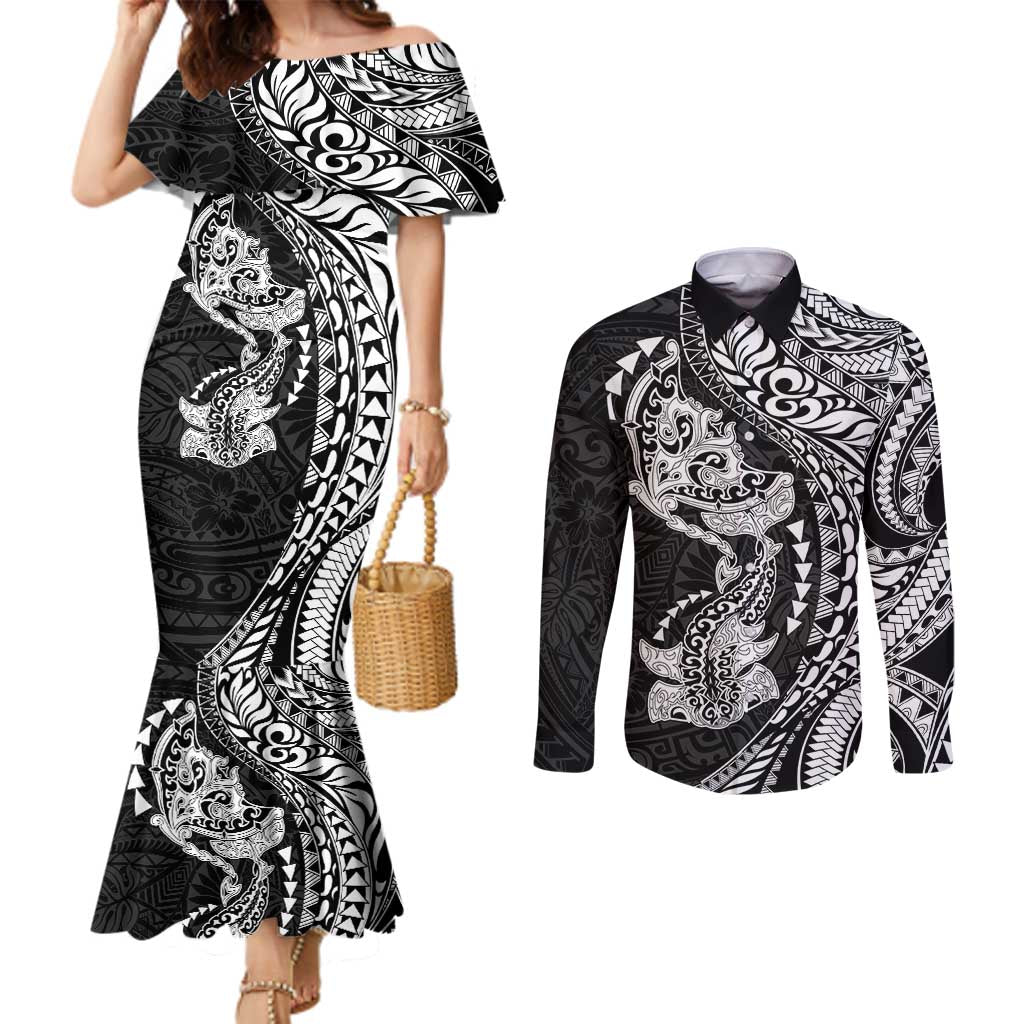 Hawaiian Manta Ray and Hammerhead Shark Tribal Tattoo Couples Matching Mermaid Dress and Long Sleeve Button Shirt with Polynesian Tribal Pattern Black-White Color