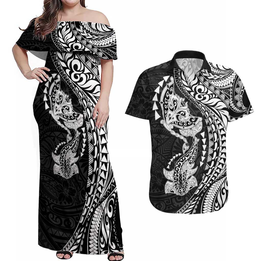 Hawaiian Manta Ray and Hammerhead Shark Tribal Tattoo Couples Matching Off Shoulder Maxi Dress and Hawaiian Shirt with Polynesian Tribal Pattern Black-White Color LT03 Multicolor - Polynesian Pride