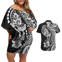 Hawaiian Manta Ray and Hammerhead Shark Tribal Tattoo Couples Matching Off Shoulder Short Dress and Hawaiian Shirt with Polynesian Tribal Pattern Black-White Color