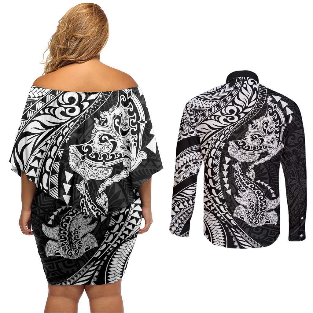 Hawaiian Manta Ray and Hammerhead Shark Tribal Tattoo Couples Matching Off Shoulder Short Dress and Long Sleeve Button Shirt with Polynesian Tribal Pattern Black-White Color