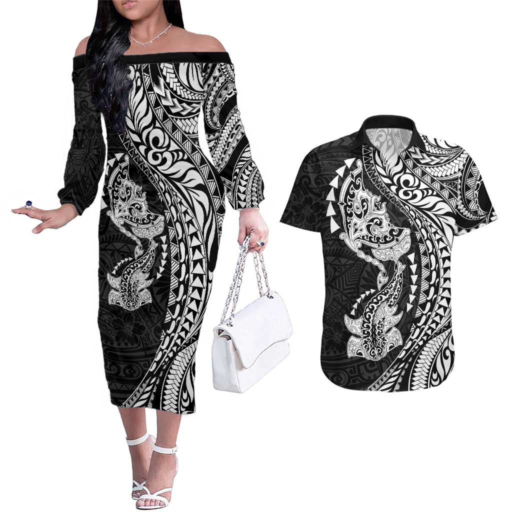 Hawaiian Manta Ray and Hammerhead Shark Tribal Tattoo Couples Matching Off The Shoulder Long Sleeve Dress and Hawaiian Shirt with Polynesian Tribal Pattern Black-White Color LT03 Multicolor - Polynesian Pride