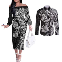 Hawaiian Manta Ray and Hammerhead Shark Tribal Tattoo Couples Matching Off The Shoulder Long Sleeve Dress and Long Sleeve Button Shirt with Polynesian Tribal Pattern Black-White Color