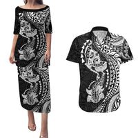 Hawaiian Manta Ray and Hammerhead Shark Tribal Tattoo Couples Matching Puletasi and Hawaiian Shirt with Polynesian Tribal Pattern Black-White Color