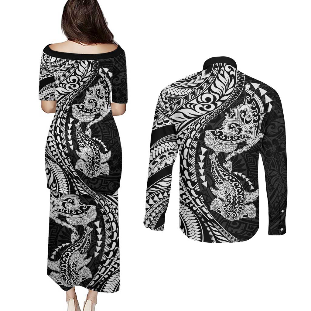 Hawaiian Manta Ray and Hammerhead Shark Tribal Tattoo Couples Matching Puletasi and Long Sleeve Button Shirt with Polynesian Tribal Pattern Black-White Color LT03 - Polynesian Pride