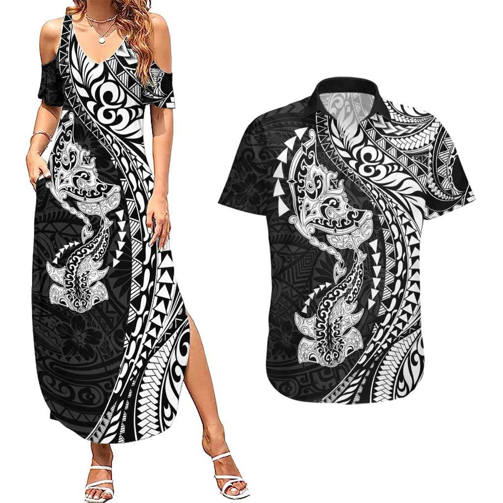 Hawaiian Manta Ray and Hammerhead Shark Tribal Tattoo Couples Matching Summer Maxi Dress and Hawaiian Shirt with Polynesian Tribal Pattern Black-White Color