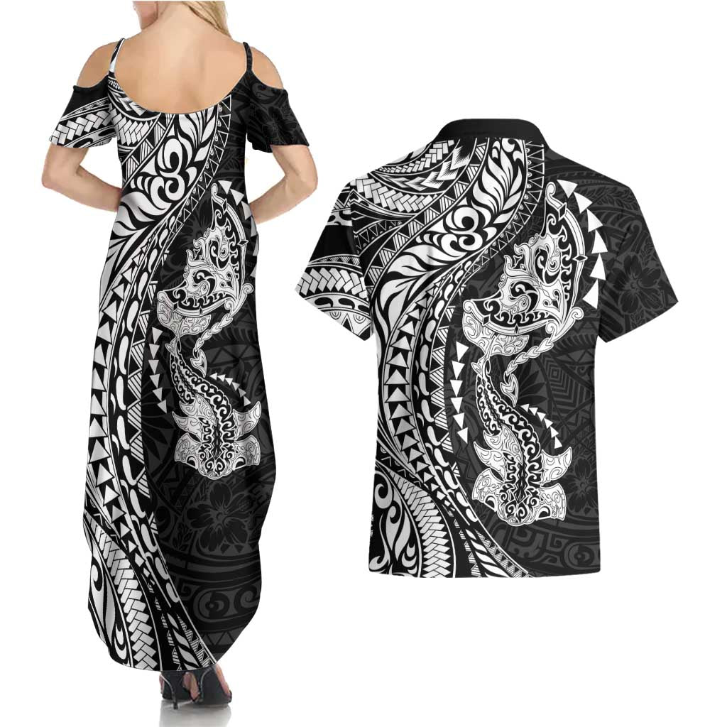 Hawaiian Manta Ray and Hammerhead Shark Tribal Tattoo Couples Matching Summer Maxi Dress and Hawaiian Shirt with Polynesian Tribal Pattern Black-White Color