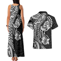 Hawaiian Manta Ray and Hammerhead Shark Tribal Tattoo Couples Matching Tank Maxi Dress and Hawaiian Shirt with Polynesian Tribal Pattern Black-White Color