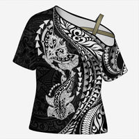 Hawaiian Manta Ray and Hammerhead Shark Tribal Tattoo Cross Shoulder Shirt with Polynesian Tribal Pattern Black-White Color LT03 Female Multicolor - Polynesian Pride