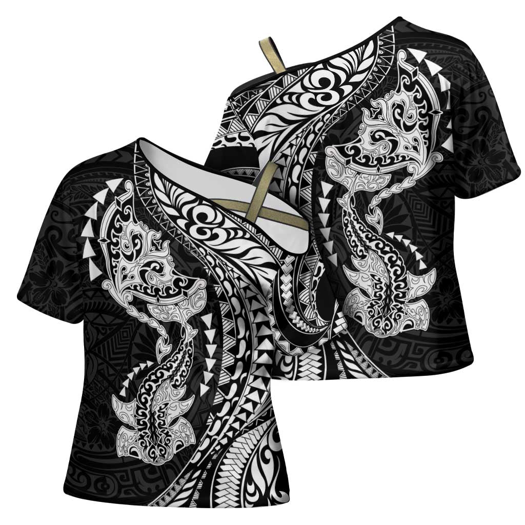 Hawaiian Manta Ray and Hammerhead Shark Tribal Tattoo Cross Shoulder Shirt with Polynesian Tribal Pattern Black-White Color LT03 - Polynesian Pride