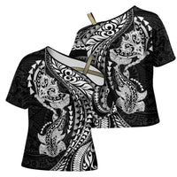 Hawaiian Manta Ray and Hammerhead Shark Tribal Tattoo Cross Shoulder Shirt with Polynesian Tribal Pattern Black-White Color LT03 - Polynesian Pride