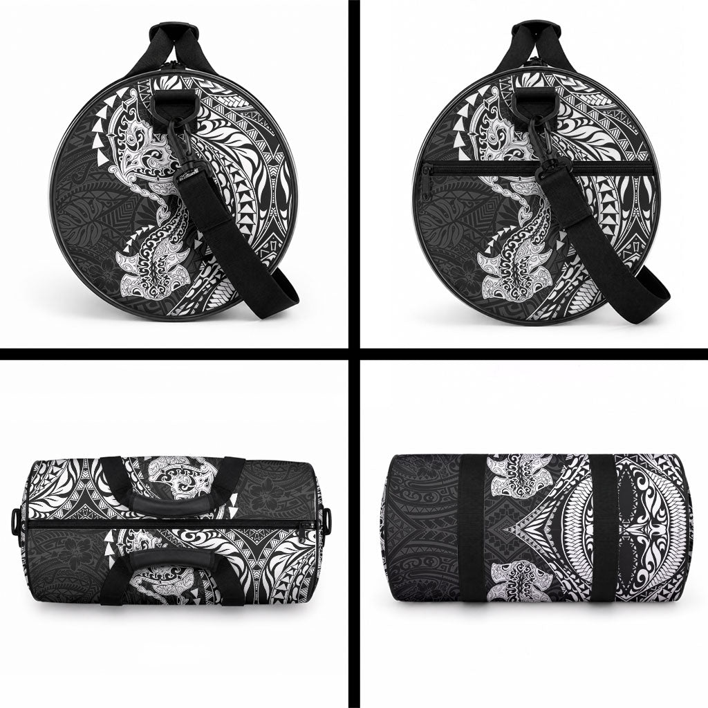 Hawaiian Manta Ray and Hammerhead Shark Tribal Tattoo Duffle Bag with Polynesian Tribal Pattern Black-White Color